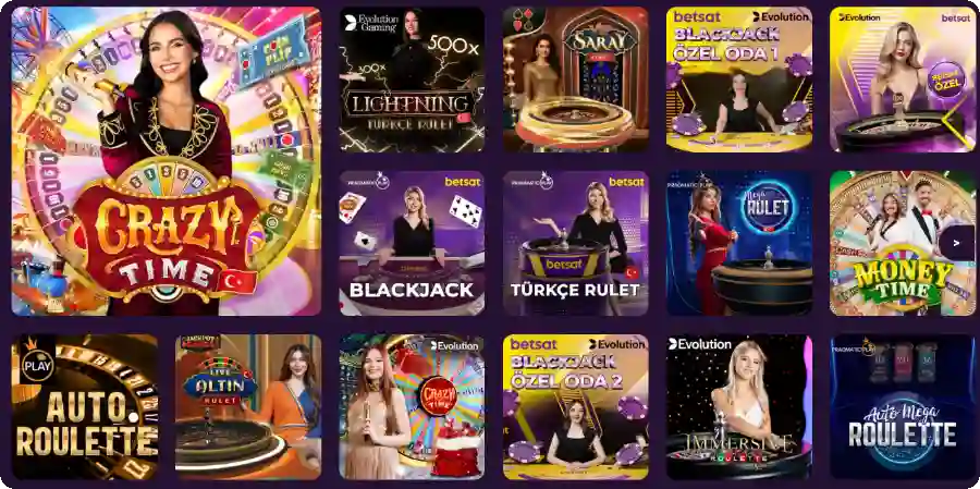 Betsat Casino Live Casino Lobby mit Roulette- und Blackjack-Tischen von Evolution Gaming und Pragmatic Play